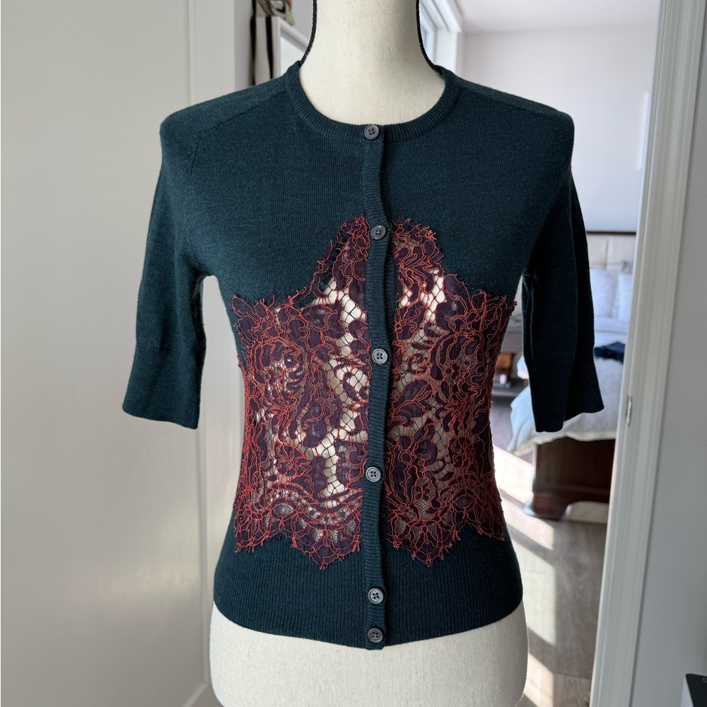 Carven Wool Cardigan Lace Panel Green Short Sleeve S - Picture 3 of 12